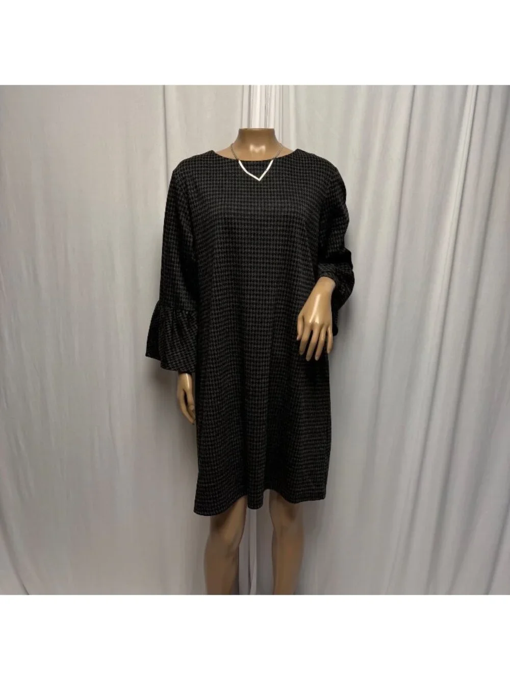 Beachlunchlounge Black Gray Houndstooth Dress Sz XL Bell Sleeves Academia Comfy